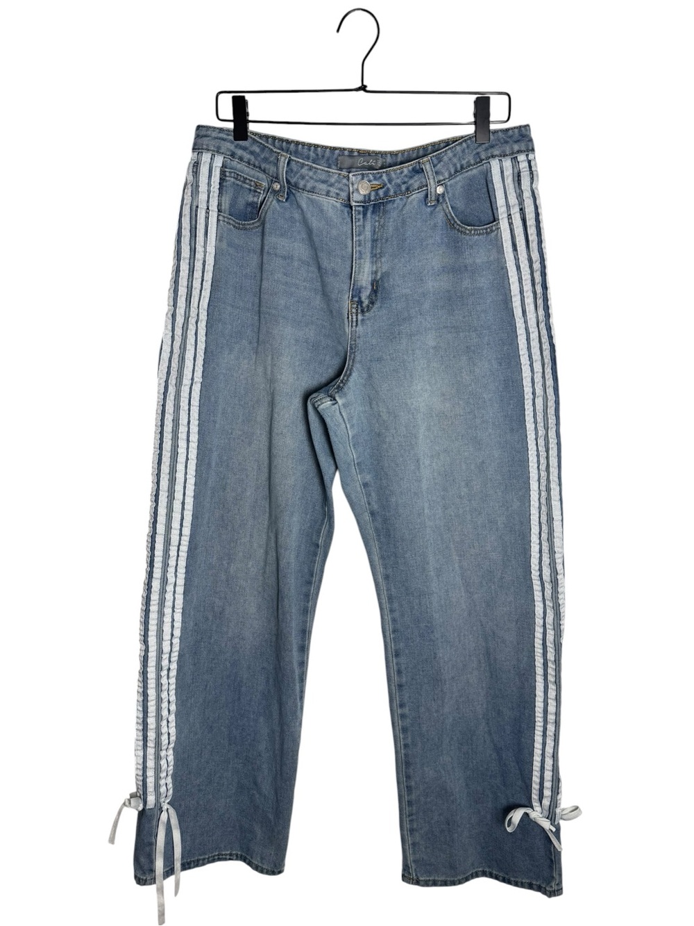 Cali 1850 Striped Baggy Denim Jeans Mid Rise Wide Leg Bow Tie Hem Medium Wash